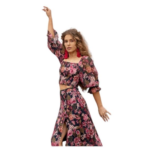 Mia Joy Joyfolie Rehanne Midnight Blue Floral Set Smocked Top Midi Skirt XS - Picture 5 of 12